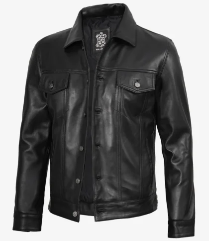 Men's Black Leather Trucker Jacket — Shirt Collar