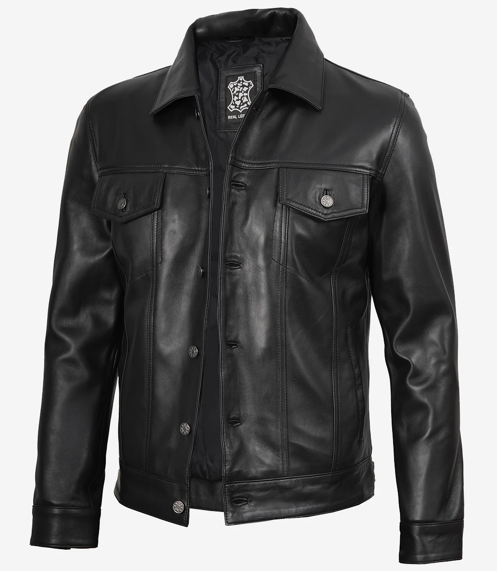 Men's Black Leather Trucker Jacket — Shirt Collar