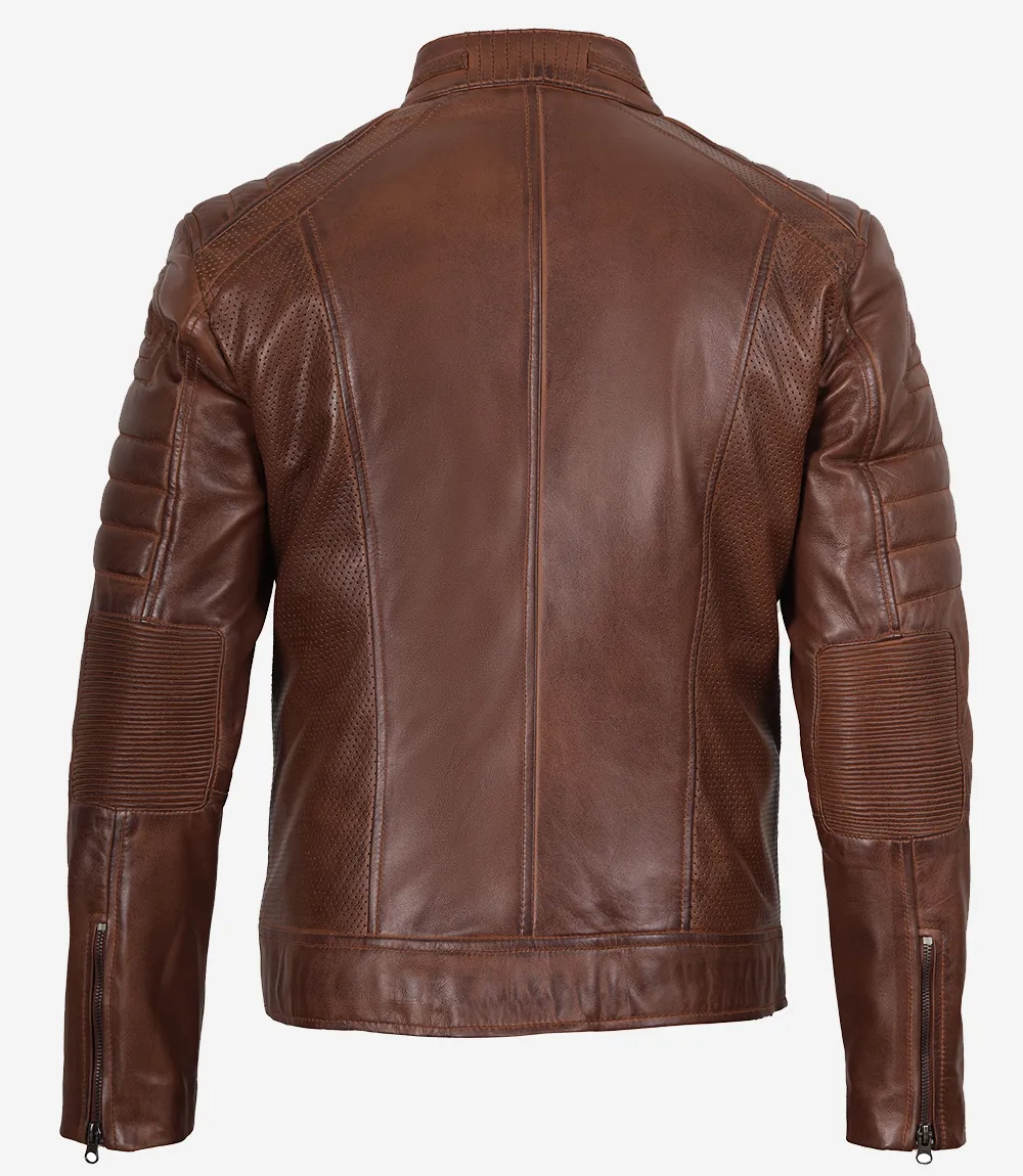 Austin Men Cafe Racer Cognac Brown Leather Jacket - Image 4