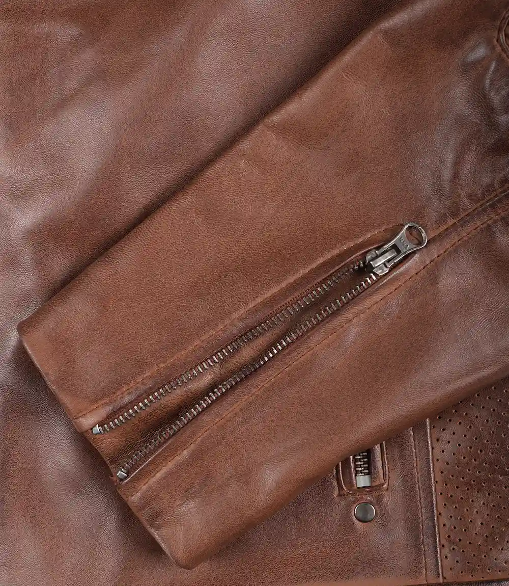 Austin Men Cafe Racer Cognac Brown Leather Jacket - Image 5