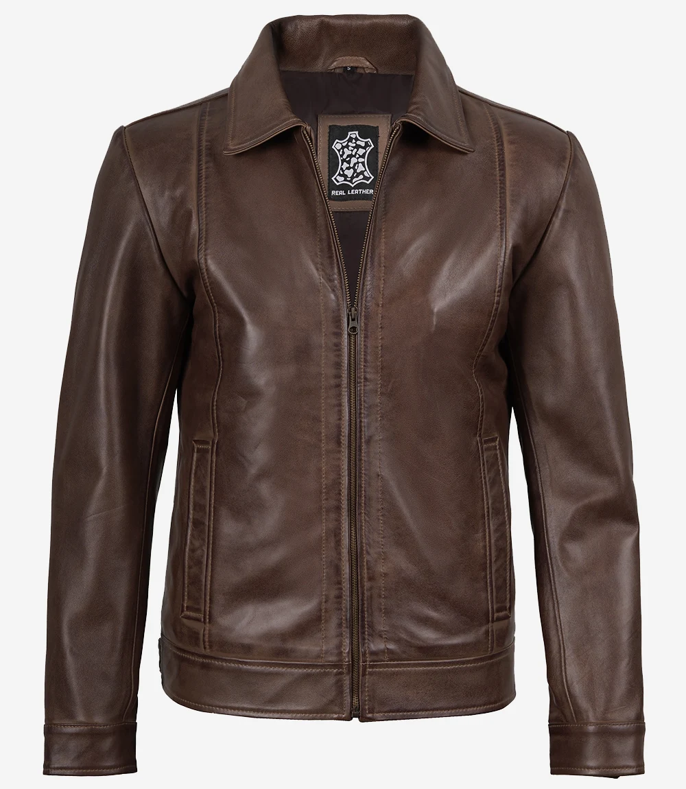 Men's Chocolate Brown Harrington Vintage Leather Jacket - Image 5