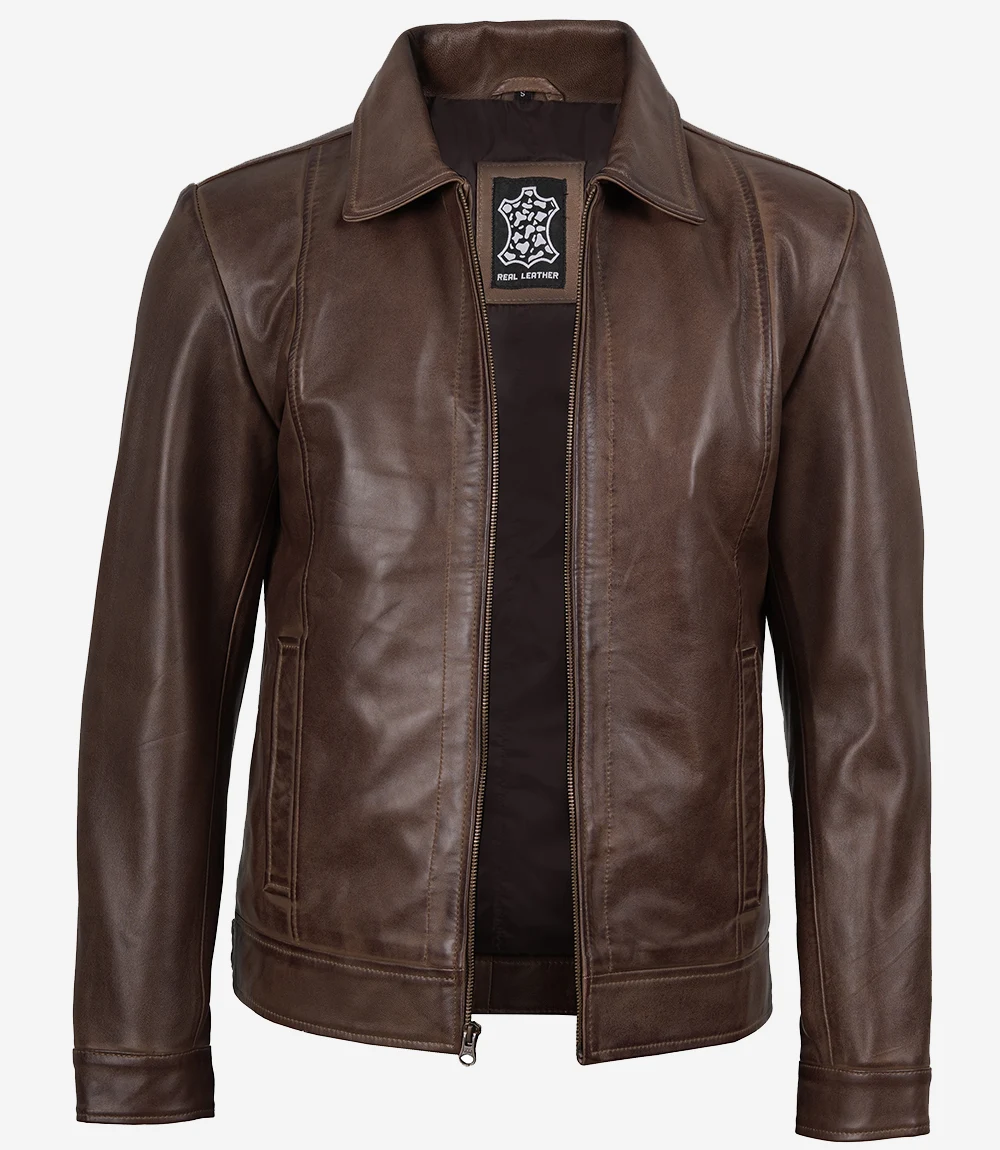 Men's Chocolate Brown Harrington Vintage Leather Jacket - Image 6