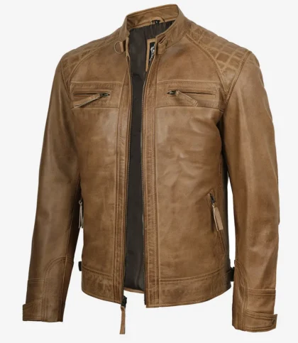 Men’s Waxed Camel Brown Cafe Racer Leather Jacket