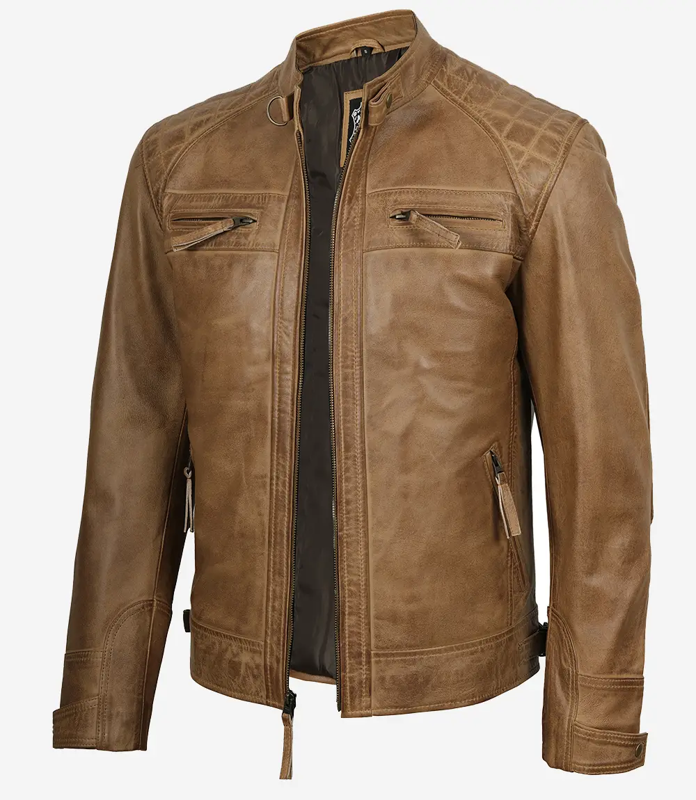 Men’s Waxed Camel Brown Cafe Racer Leather Jacket