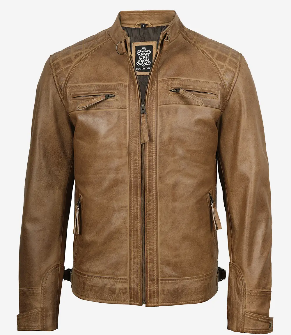 Men’s Waxed Camel Brown Cafe Racer Leather Jacket - Image 2