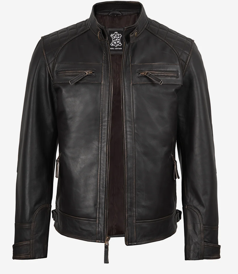 Men's Vintage Dark Brown Cafe Racer Leather Jacket - Image 2