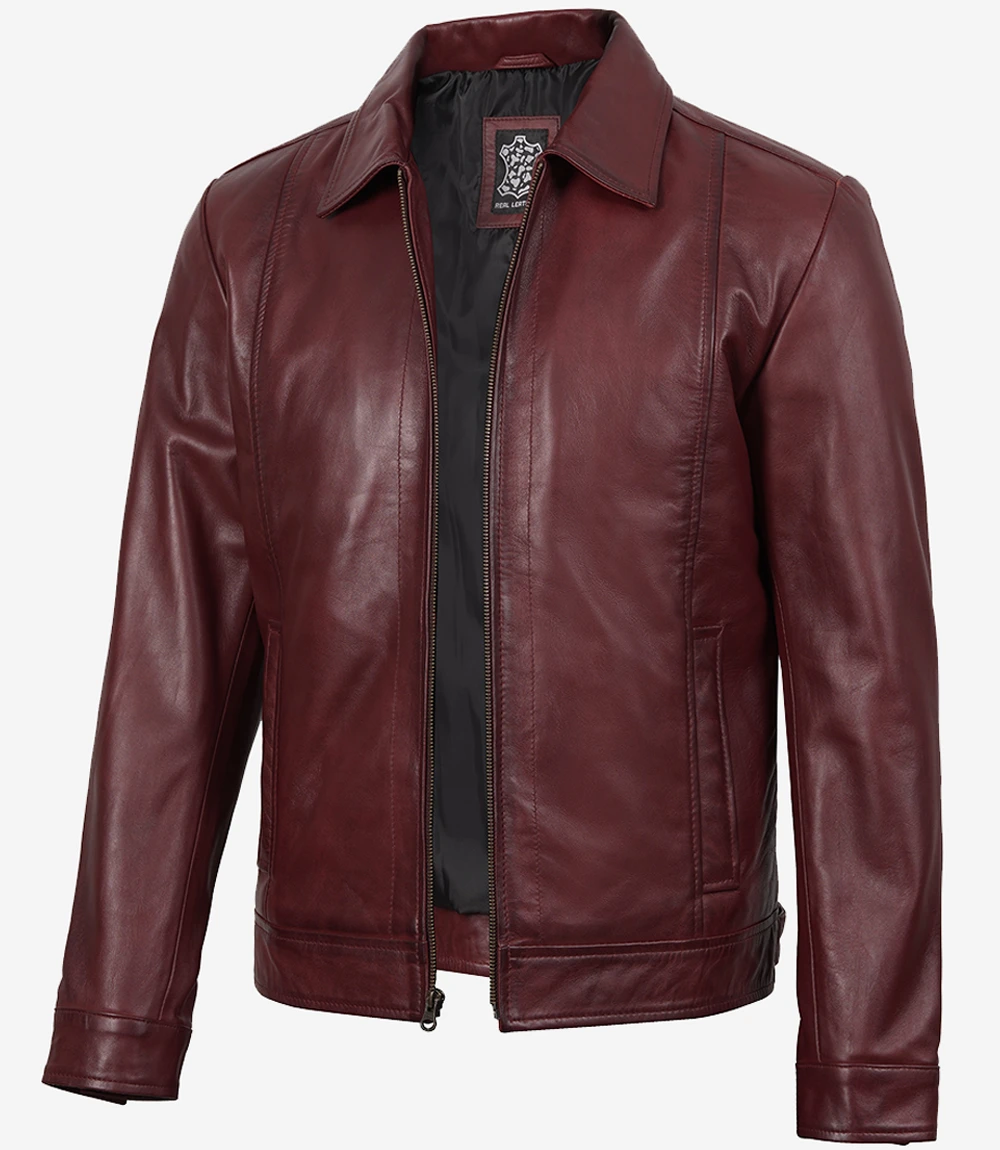 Reeves Men's Burgundy Leather Harrington Jacket — Waxed