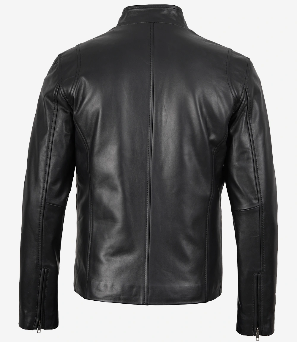 Men Black Cafe Racer Leather Jacket - Image 5