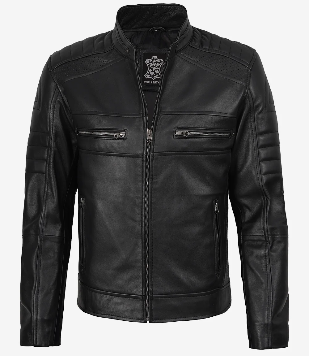 Men’s Black Lambskin Leather Cafe Racer Jacket - Image 7