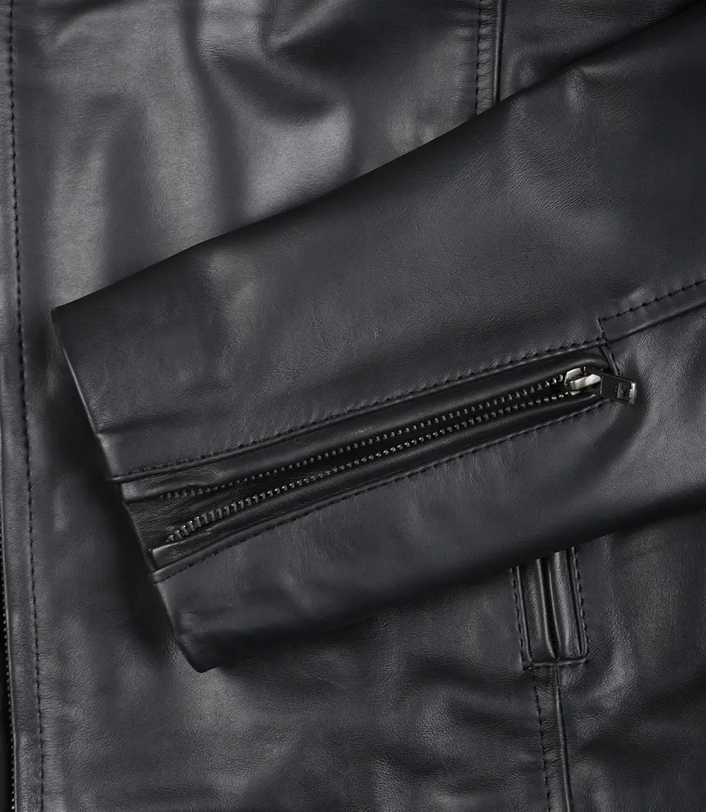 Men Black Cafe Racer Leather Jacket - Image 6