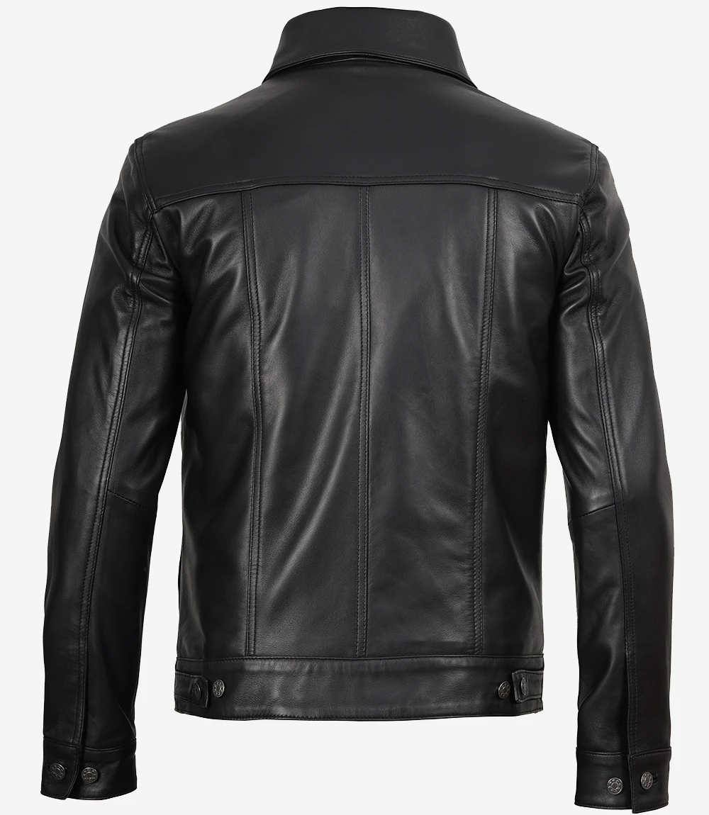 Men's Black Leather Trucker Jacket — Shirt Collar - Image 2