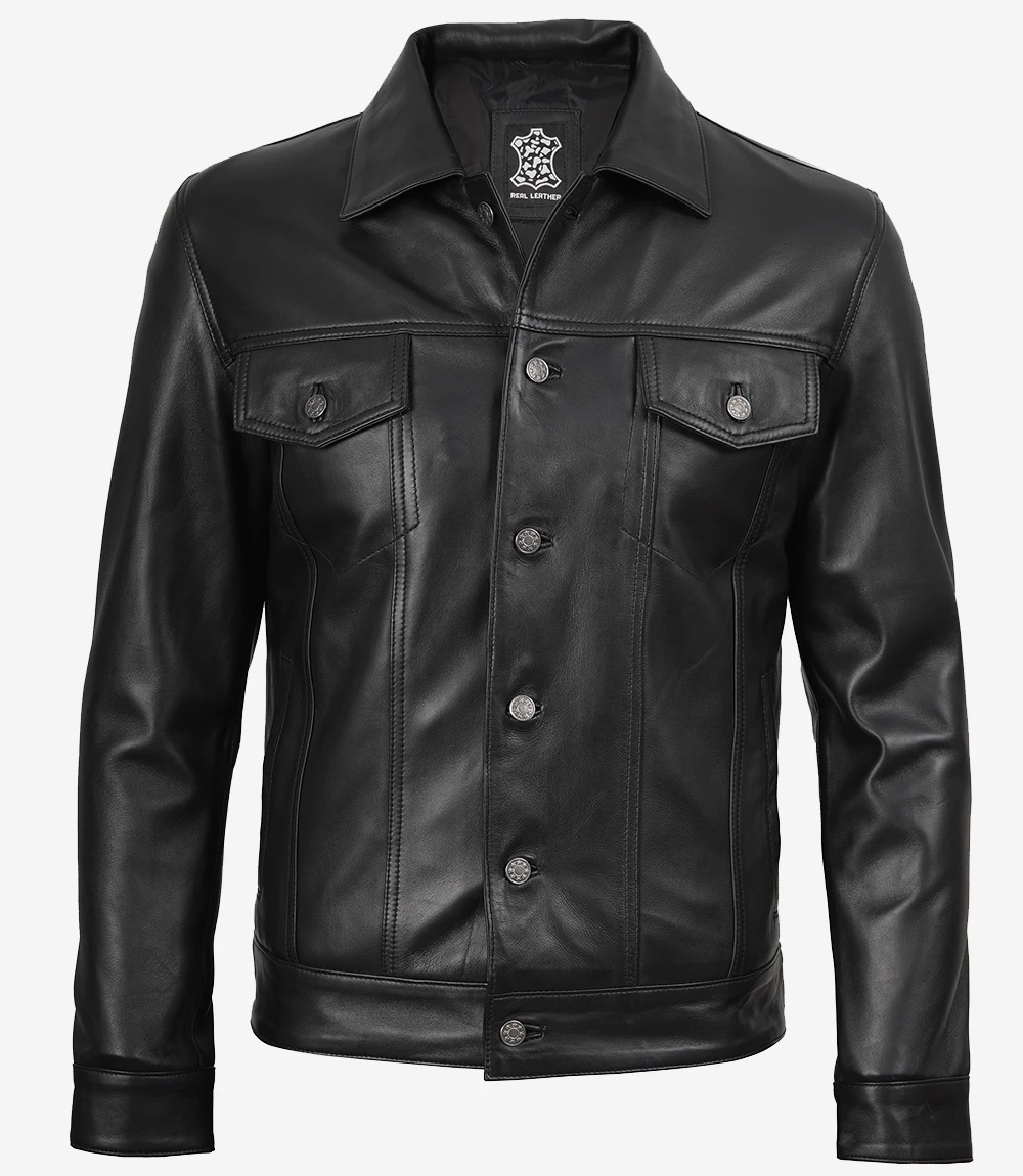 Men's Black Leather Trucker Jacket — Shirt Collar - Image 3