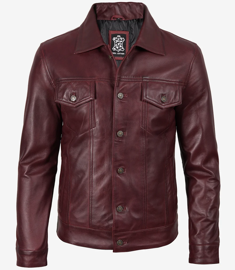 Men's Burgundy Real Leather Trucker Jacket - Image 3
