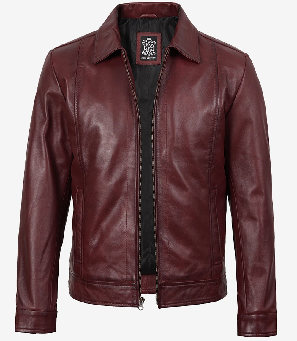 Reeves Men's Burgundy Leather Harrington Jacket — Waxed - Image 6