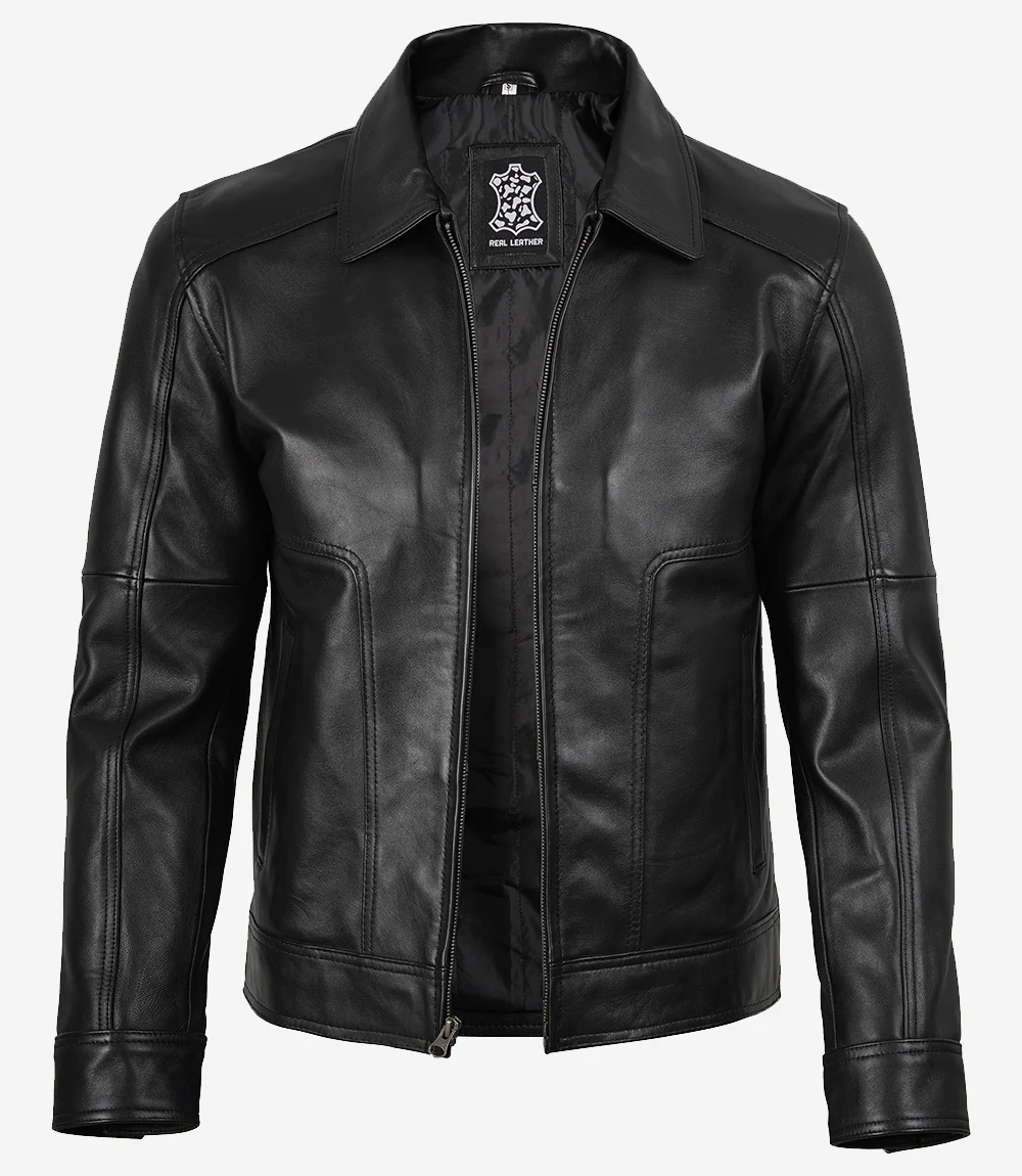 Men's Black Harrington Leather Jacket — Shirt Collar, Vintage Finish - Image 4