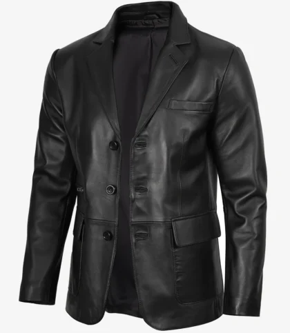 Eliseo Men's Black Three Button Leather Blazer