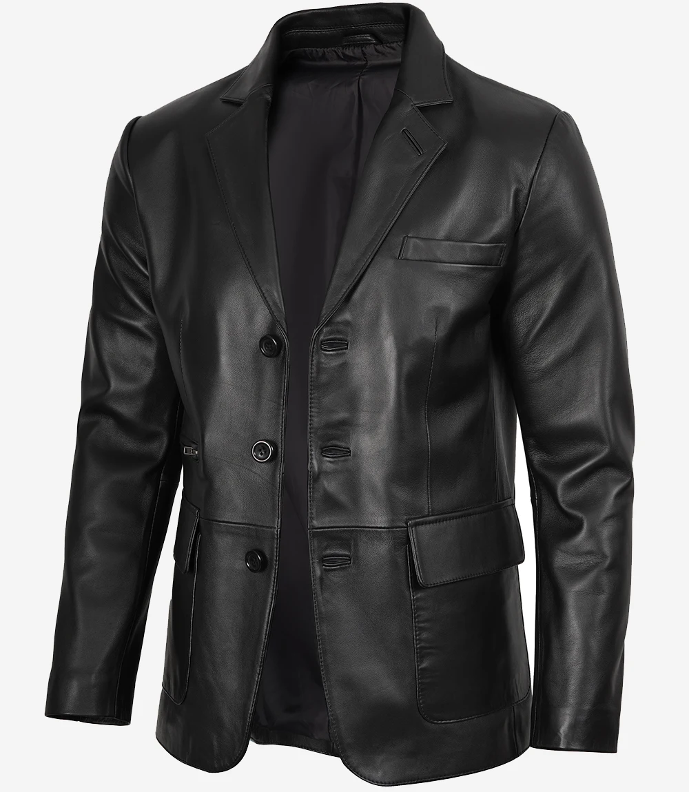Eliseo Men's Black Three Button Leather Blazer
