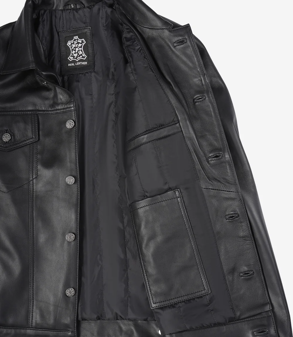 Men's Black Leather Trucker Jacket — Shirt Collar - Image 4