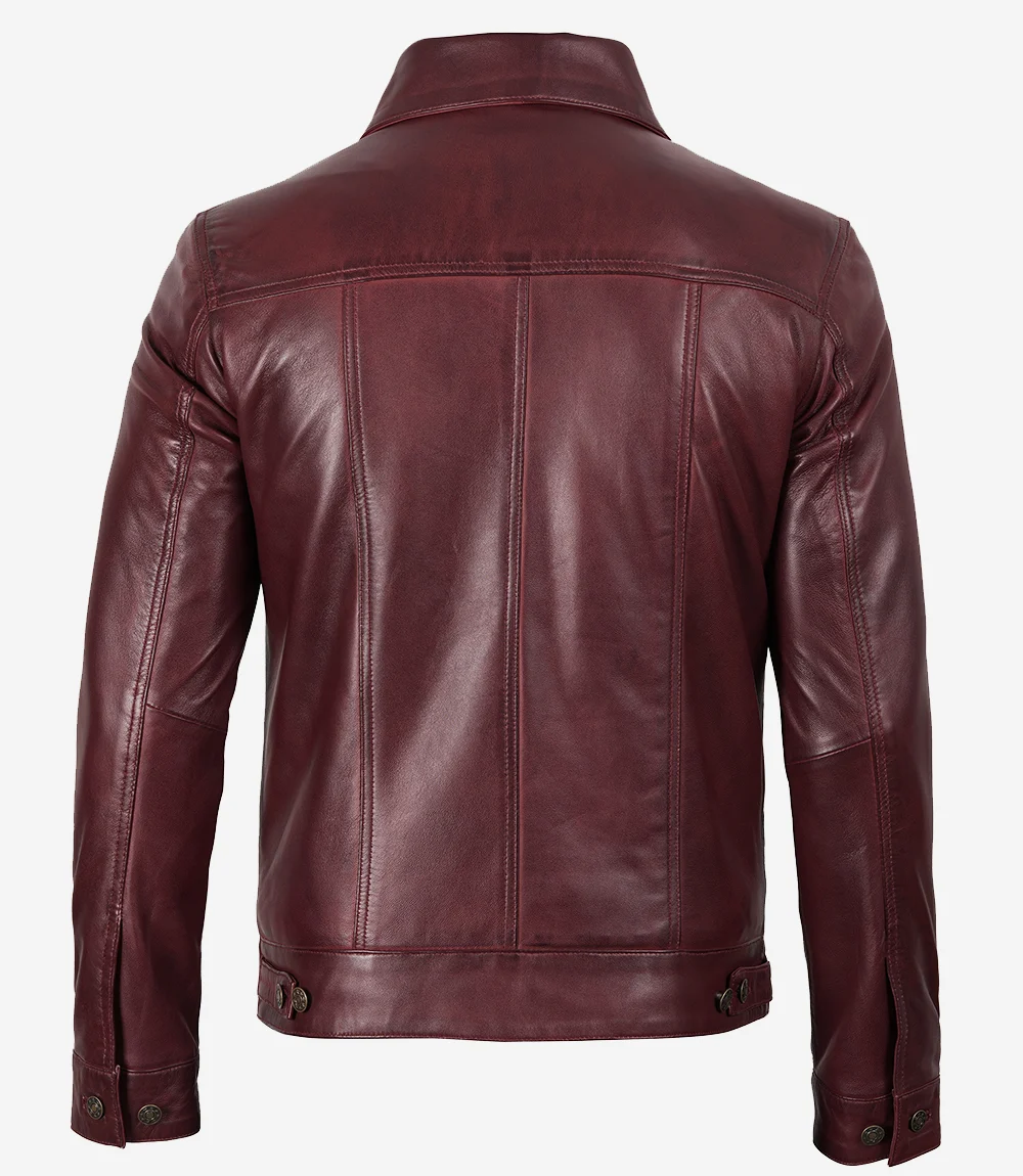 Men's Burgundy Real Leather Trucker Jacket - Image 4