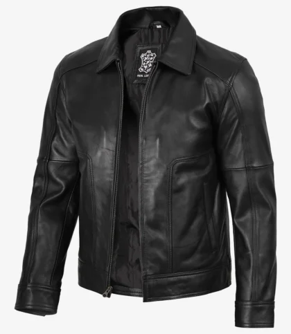 Men's Black Harrington Leather Jacket — Shirt Collar, Vintage Finish