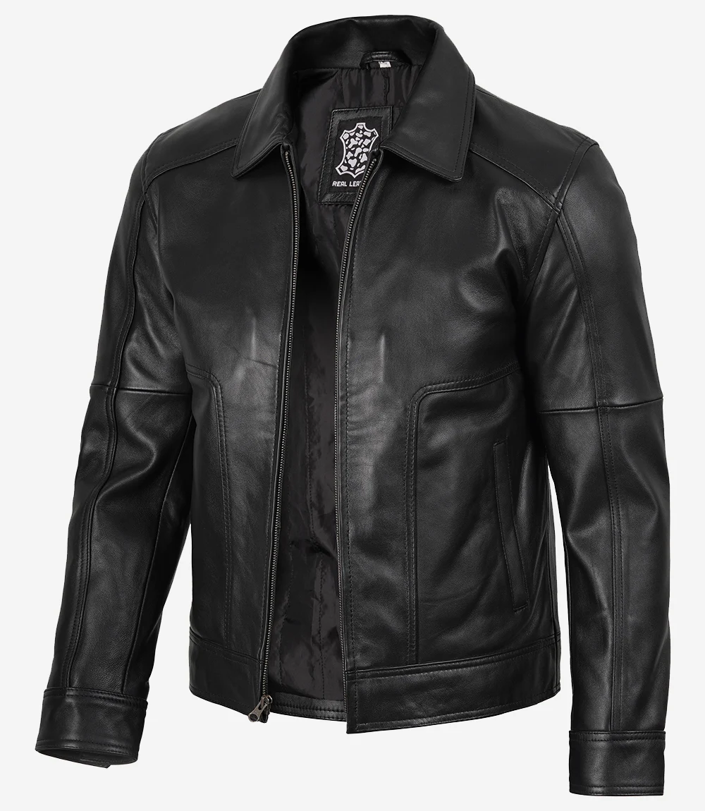 Men's Black Harrington Leather Jacket — Shirt Collar, Vintage Finish