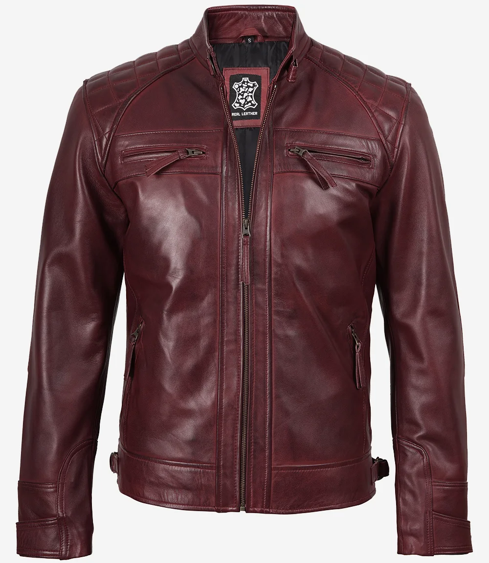 Men’s Burgundy Quilted Leather Biker Style Jacket — Waxed - Image 2
