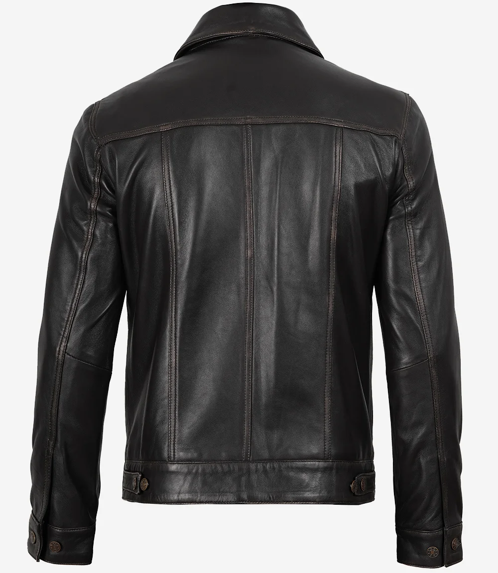 Men's Dark Brown Trucker Leather Jacket - Image 3