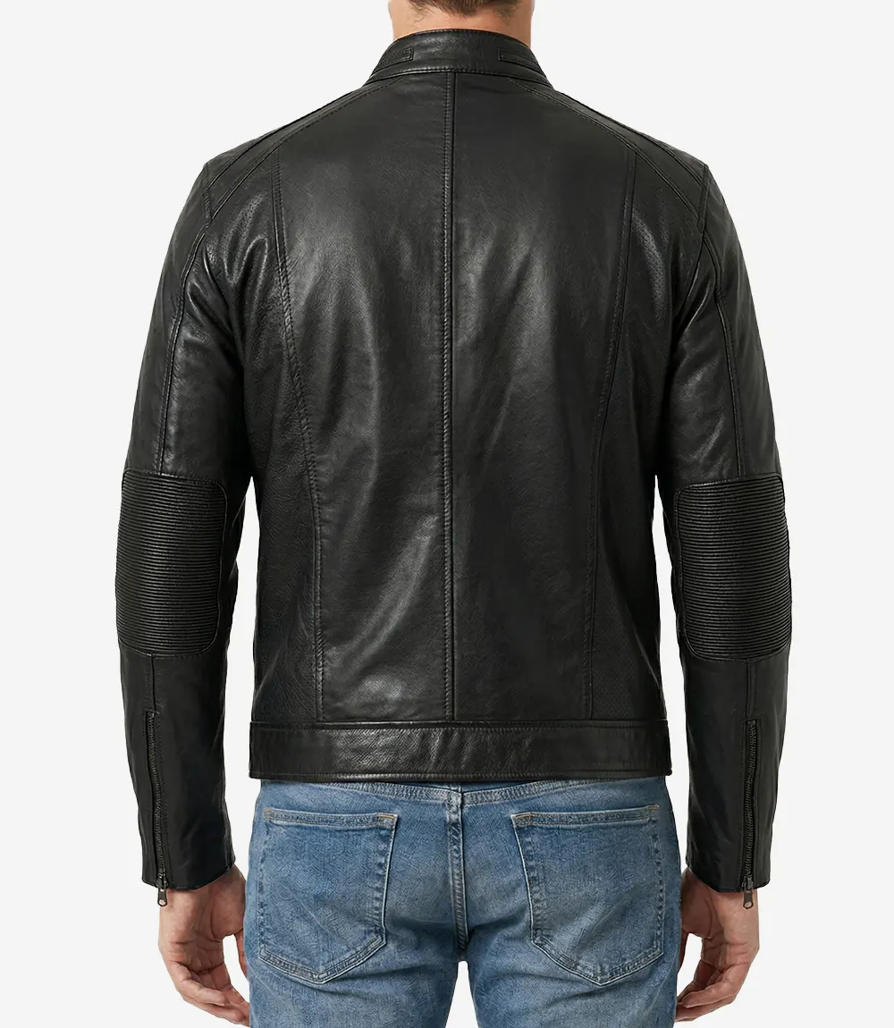 Men’s Black Lambskin Leather Cafe Racer Jacket - Image 4