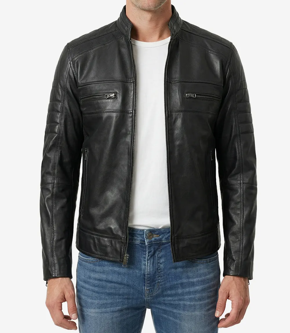 Men’s Black Lambskin Leather Cafe Racer Jacket - Image 5
