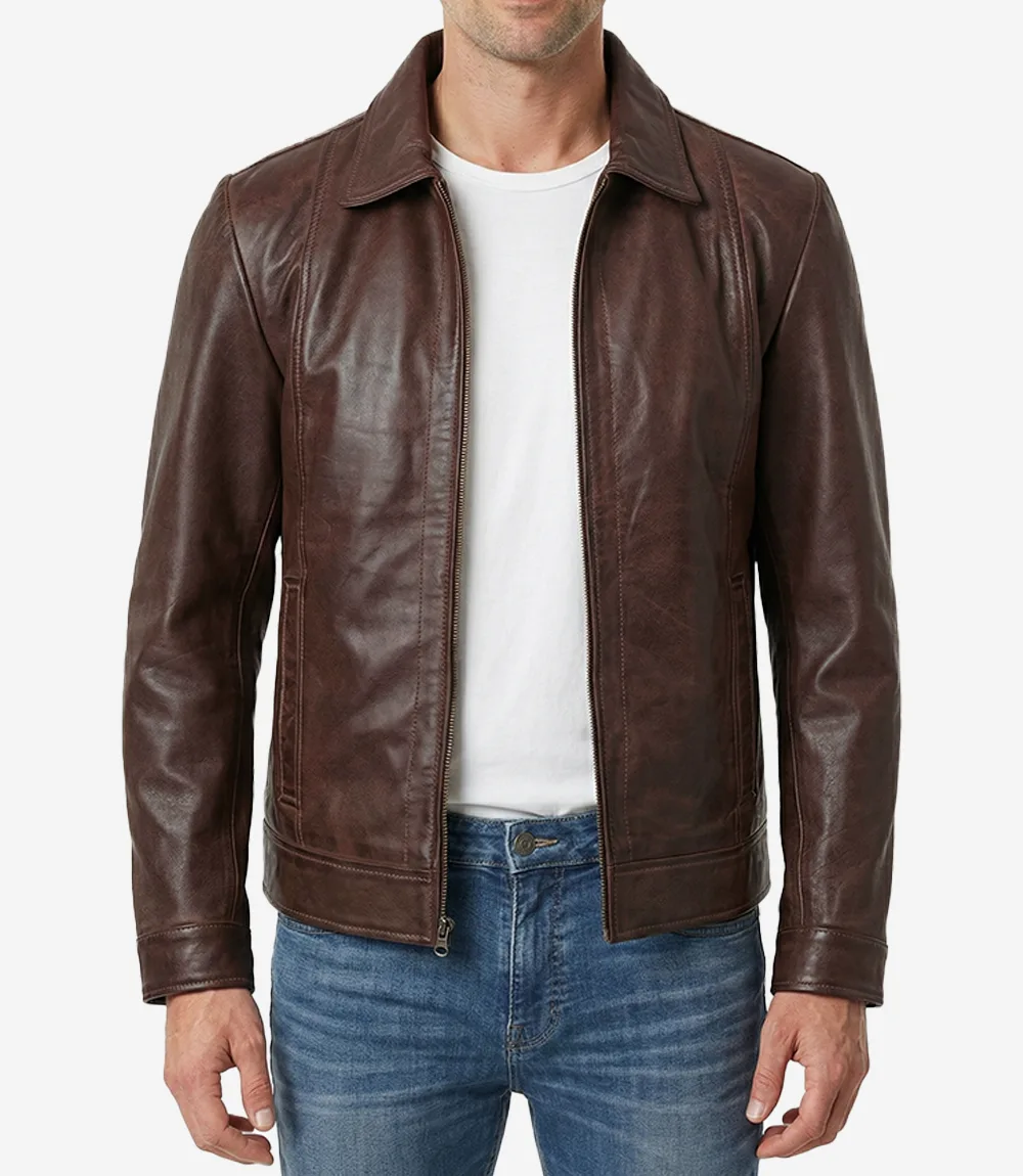 Men's Chocolate Brown Harrington Vintage Leather Jacket - Image 3