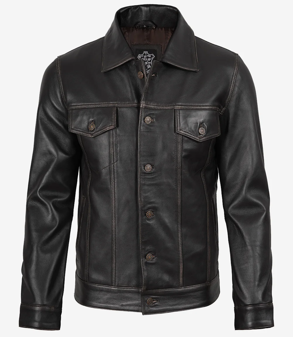 Men's Dark Brown Trucker Leather Jacket - Image 4