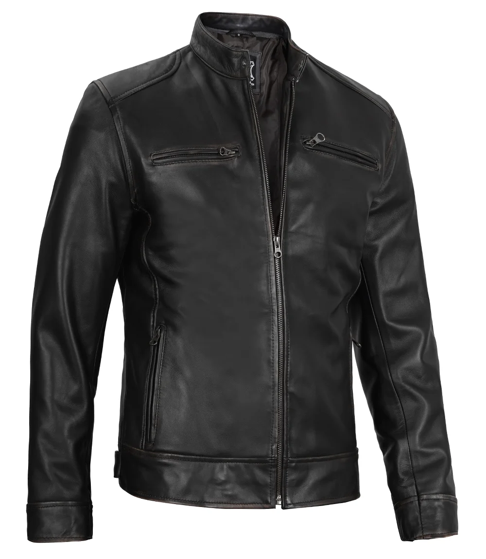 The Dodge — Men's Black Lambskin Cafe Racer Jacket - Image 5
