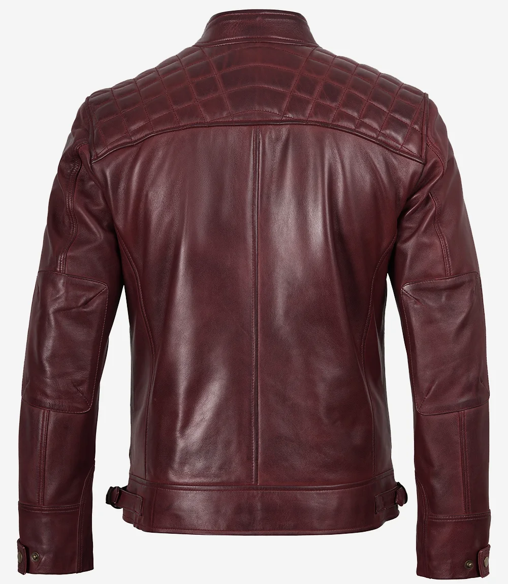 Men’s Burgundy Quilted Leather Biker Style Jacket — Waxed - Image 3