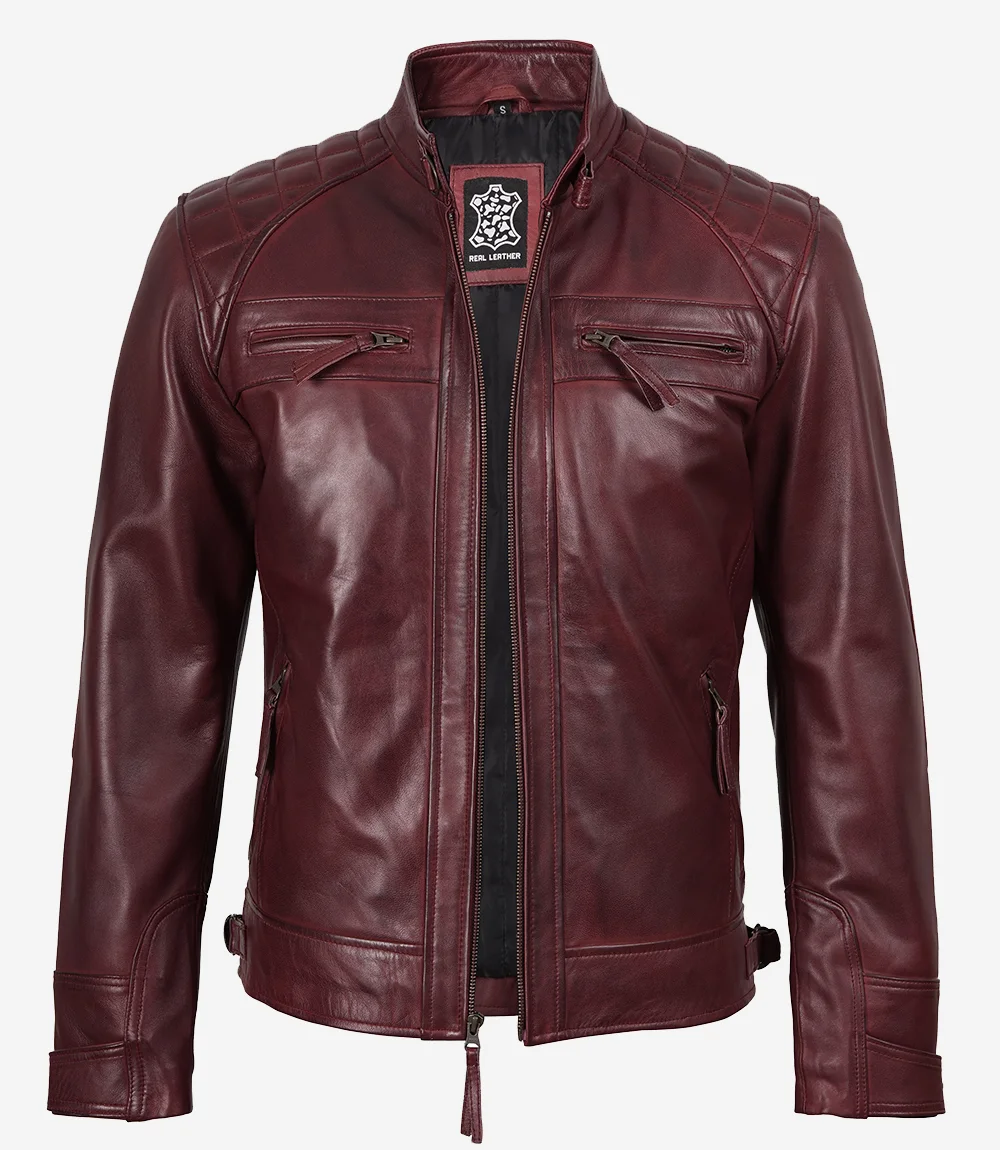 Men’s Burgundy Quilted Leather Biker Style Jacket — Waxed - Image 4