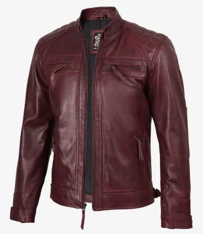 Men’s Burgundy Quilted Leather Biker Style Jacket — Waxed