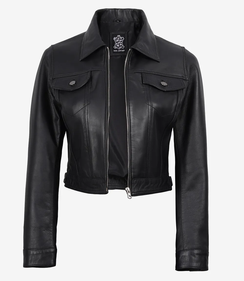 Women's Black Lambskin Leather Cropped Harrington Jacket - Image 5