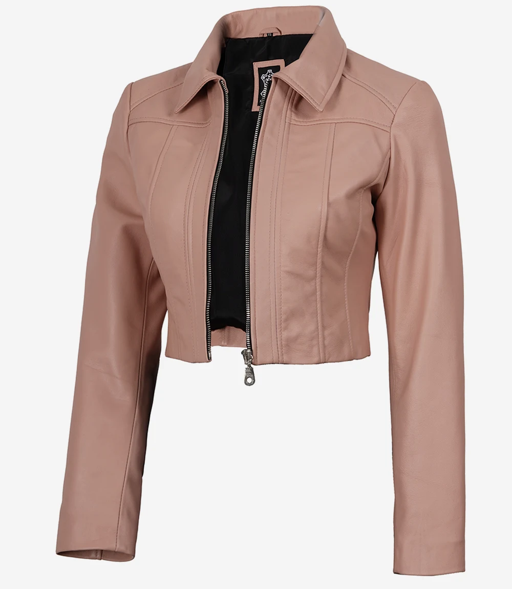 Marsha Womens Pink Cropped Leather Harrington Jacket
