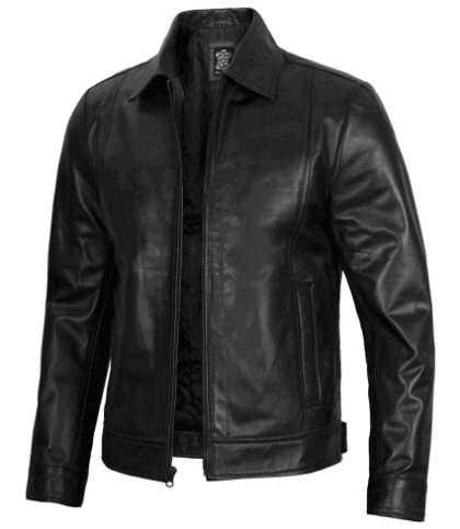 Men's Black Shirt Collar Classic Leather Jacket | Harrington