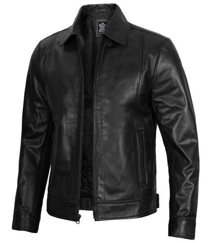Mens Black Shirt Collar Classic Leather Jacket