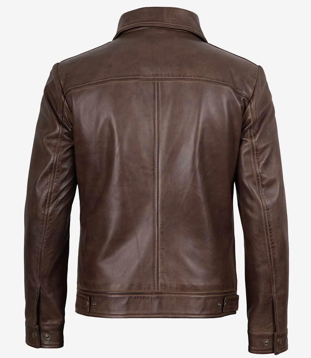 Men's Chocolate Brown Harrington Vintage Leather Jacket - Image 7