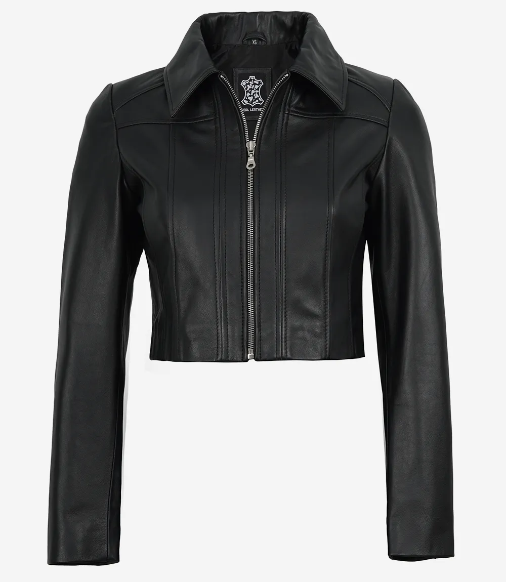 Women's Black Cropped Harrington Leather Jacket - Image 3