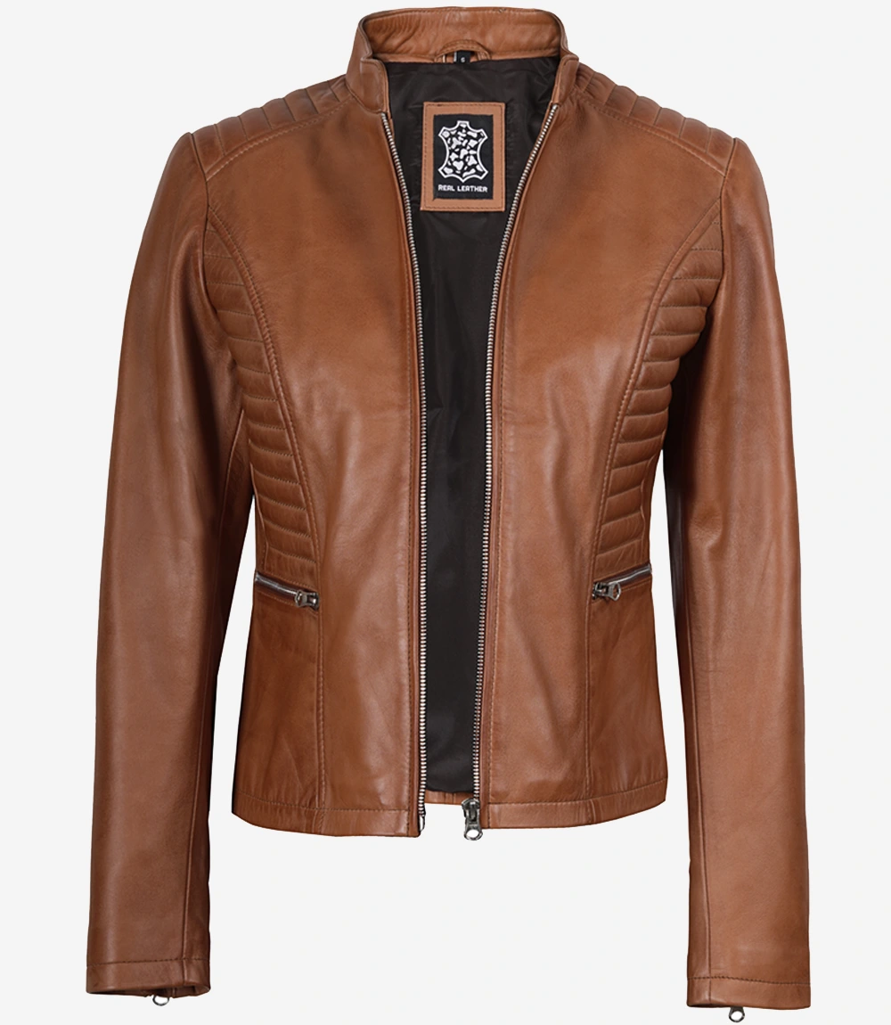 Women's Tan Wax Lambskin Leather Jacket - Image 2