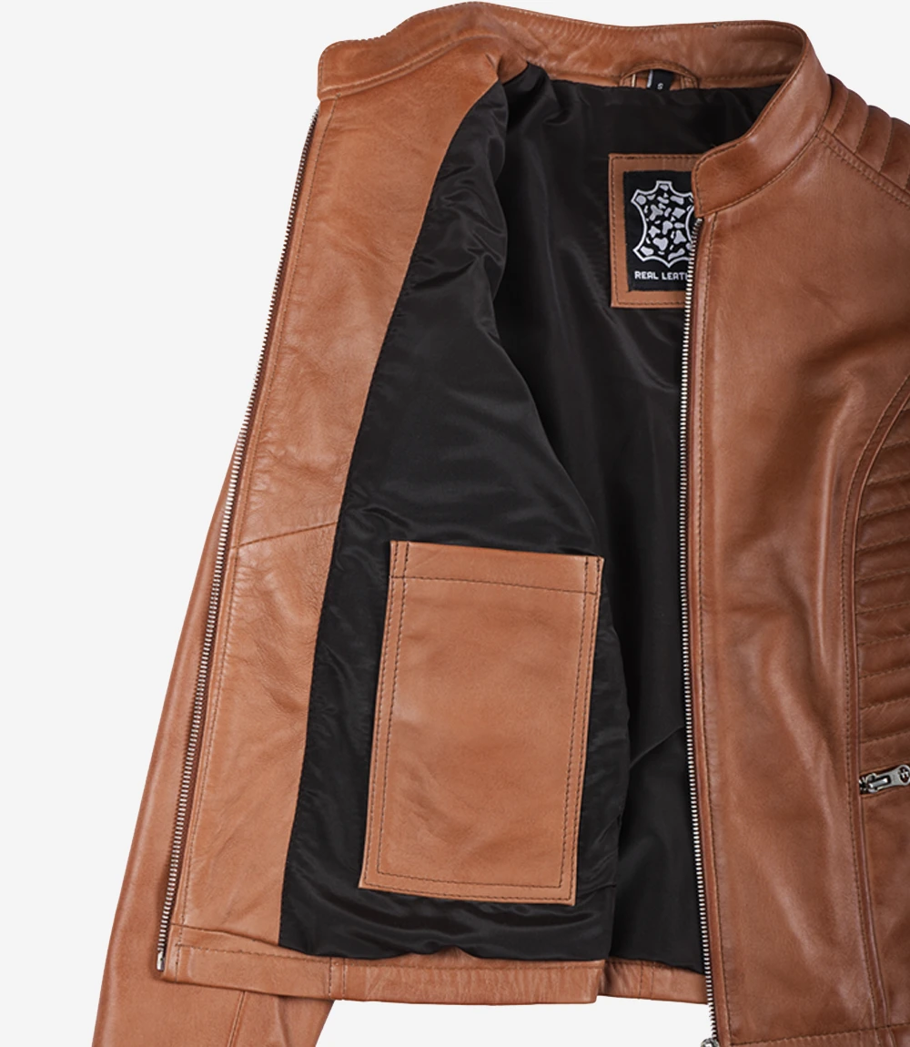 Women's Tan Wax Lambskin Leather Jacket - Image 6