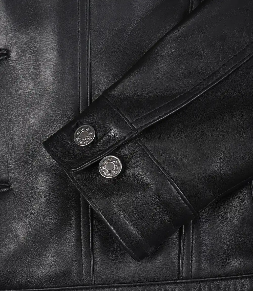 Men's Black Leather Trucker Jacket — Shirt Collar - Image 6