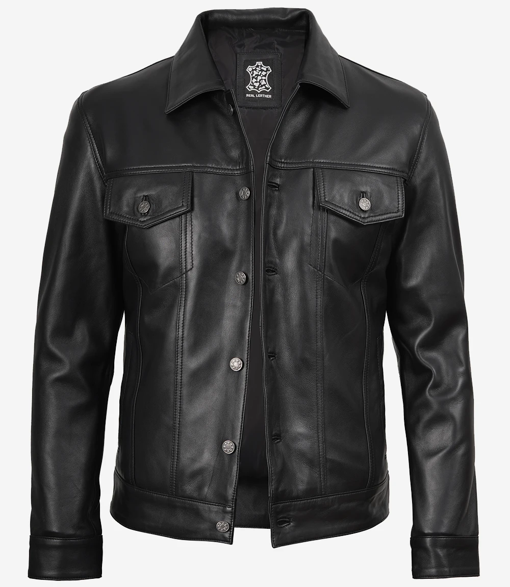 Men's Black Leather Trucker Jacket — Shirt Collar - Image 5