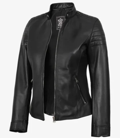 Women Cafe Racer Black Leather Jacket