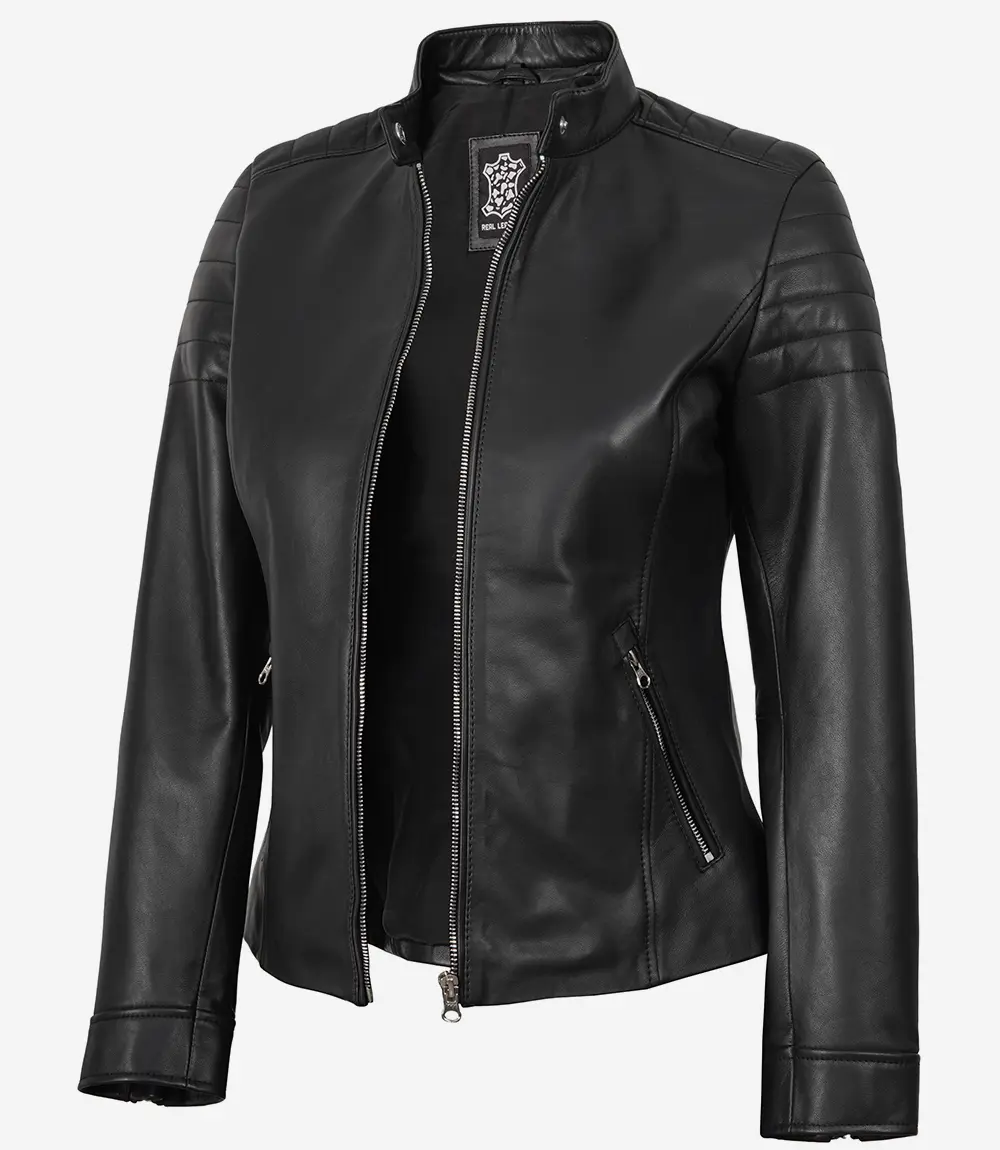 Women Cafe Racer Black Leather Jacket