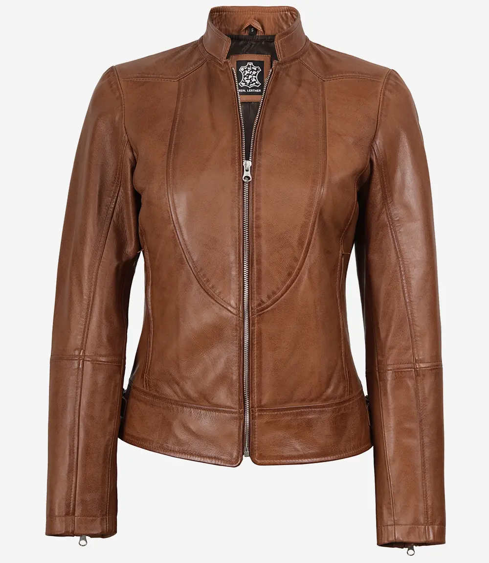 Women's Tan Brown Lambskin Leather Cafe Racer Jacket - Image 4