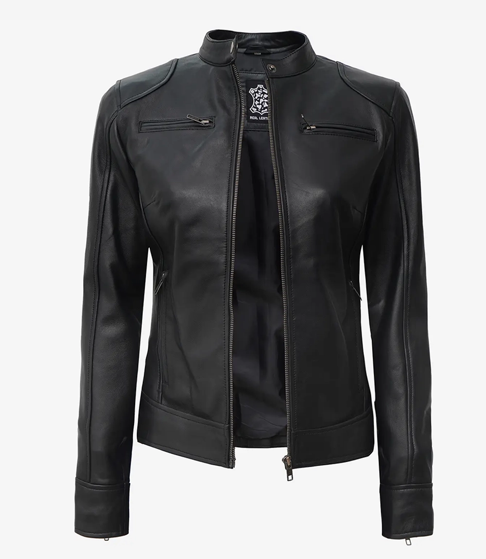 Women's Black Lambskin Leather Biker Jacket - Image 4