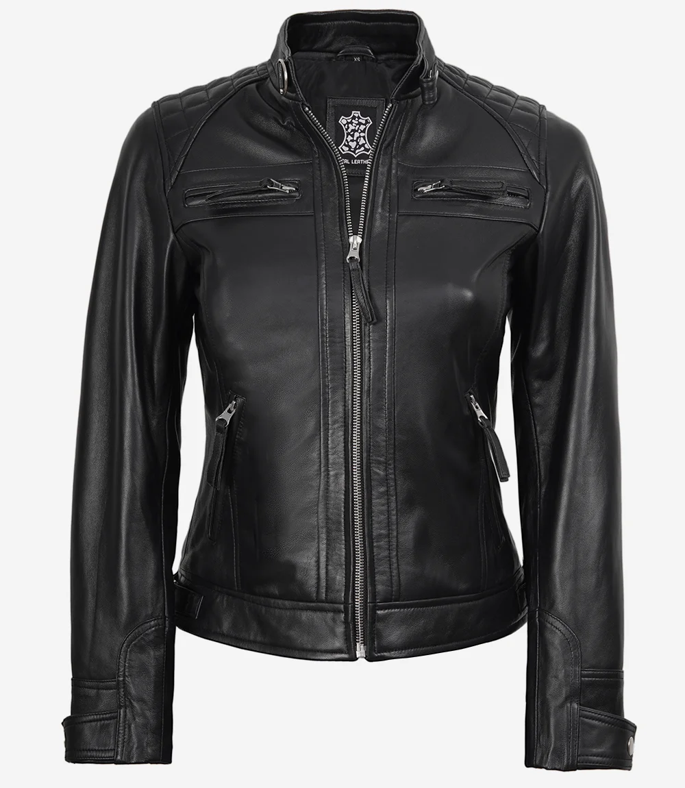 Women Black Quilted Cafe Racer Leather Jacket - Image 3